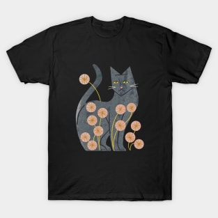 Gray Cat And Flowers T-Shirt